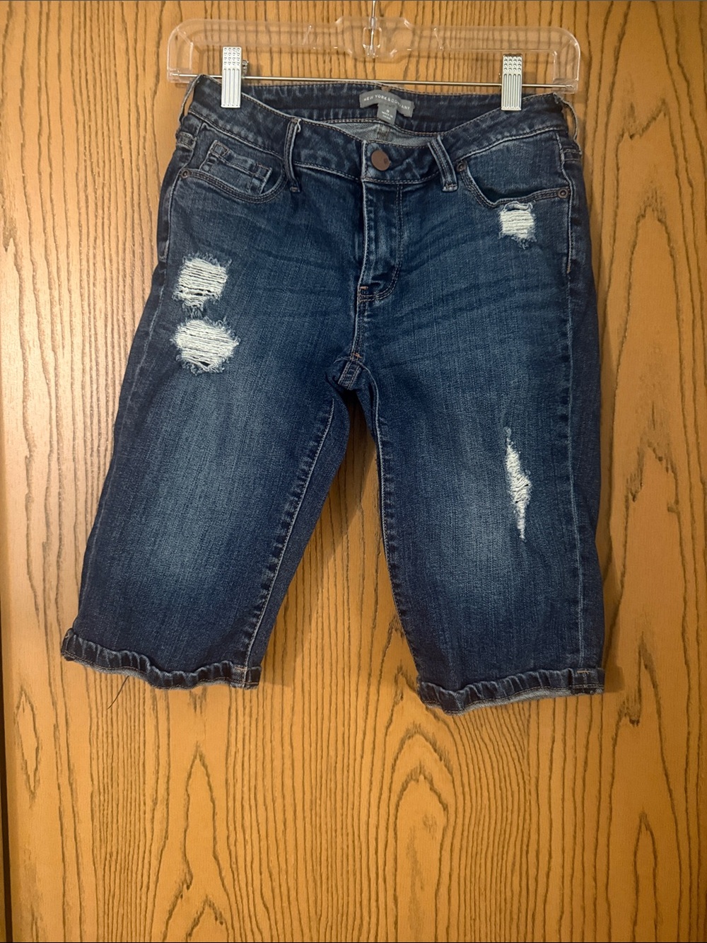 New York & Company Dark Blue Distressed Denim Bermuda Shorts
